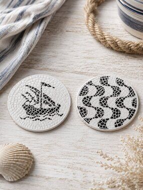 Set of 2 Duro Portugal Ceramic Mosaic Coasters Nautical Sailboat